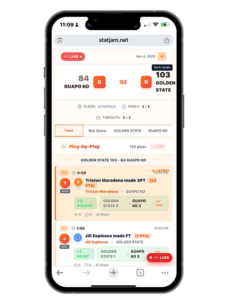 StatJam mobile live play-by-play feed showing real-time game updates and scores